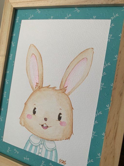 Aquarelle lapin dans cadre bois