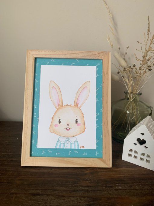 Aquarelle unique lapin cadre bois
