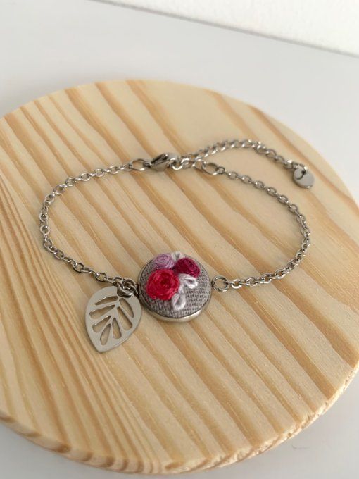 Bracelet broderie fleurs, acier inoxydable 